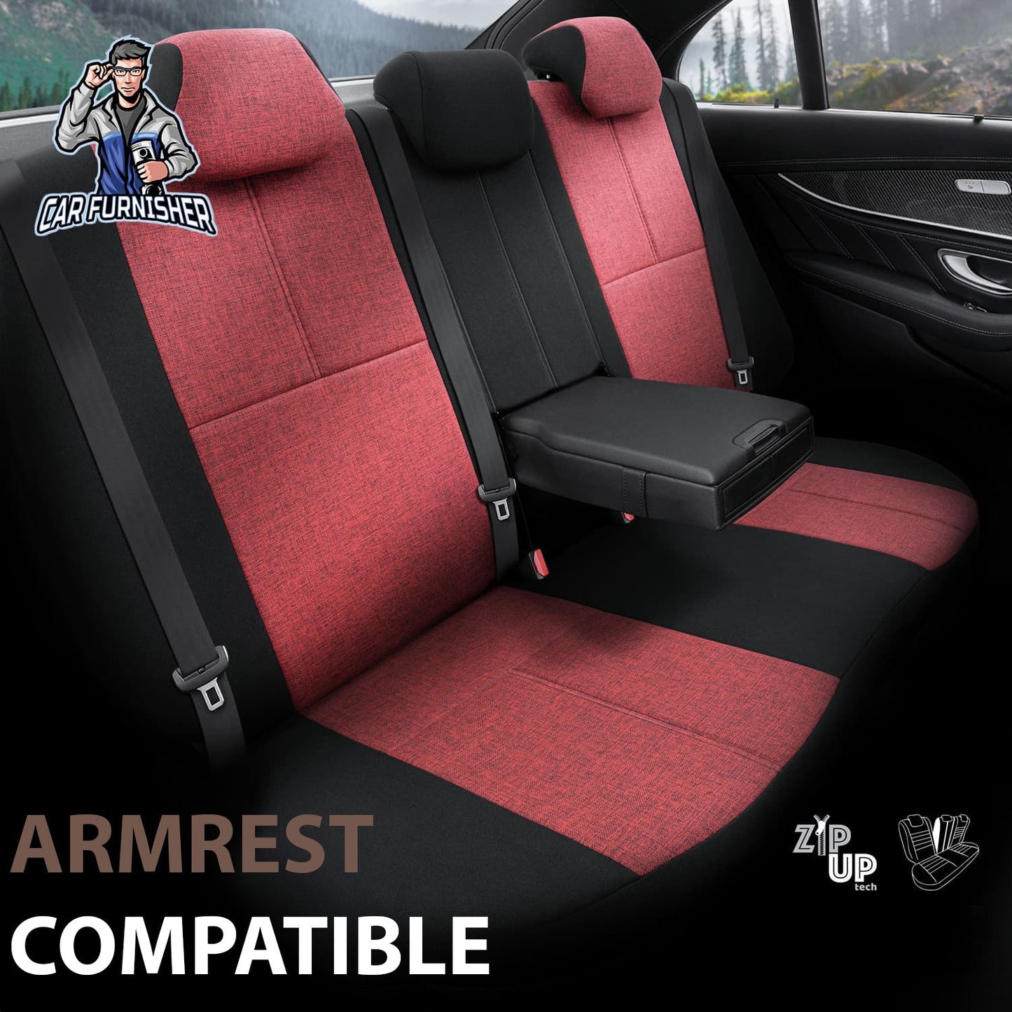 Mercedes 190 Seat Covers Voyager Design Red 5 Seats + Headrests (Full Set) Leather & Linen Fabric