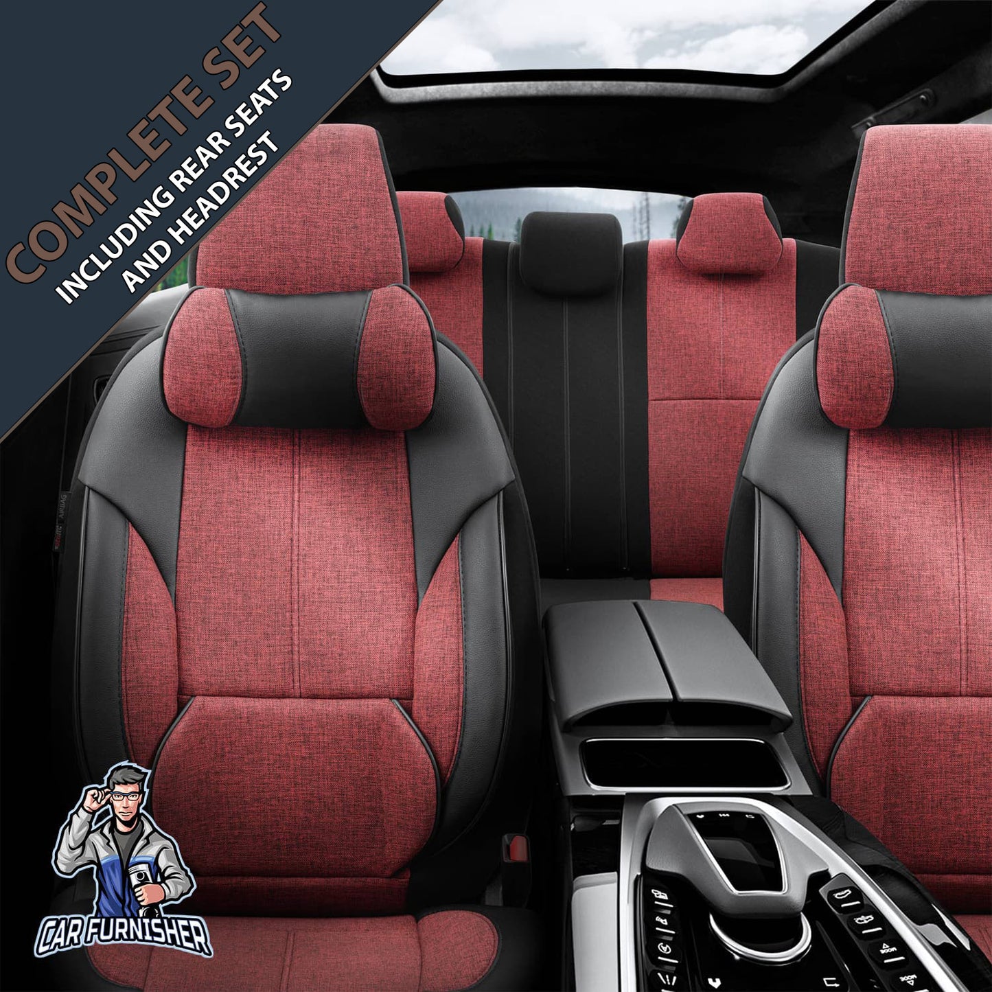 Car Seat Cover Set - Voyager Design Red 5 Seats + Headrests (Full Set) Leather & Linen Fabric