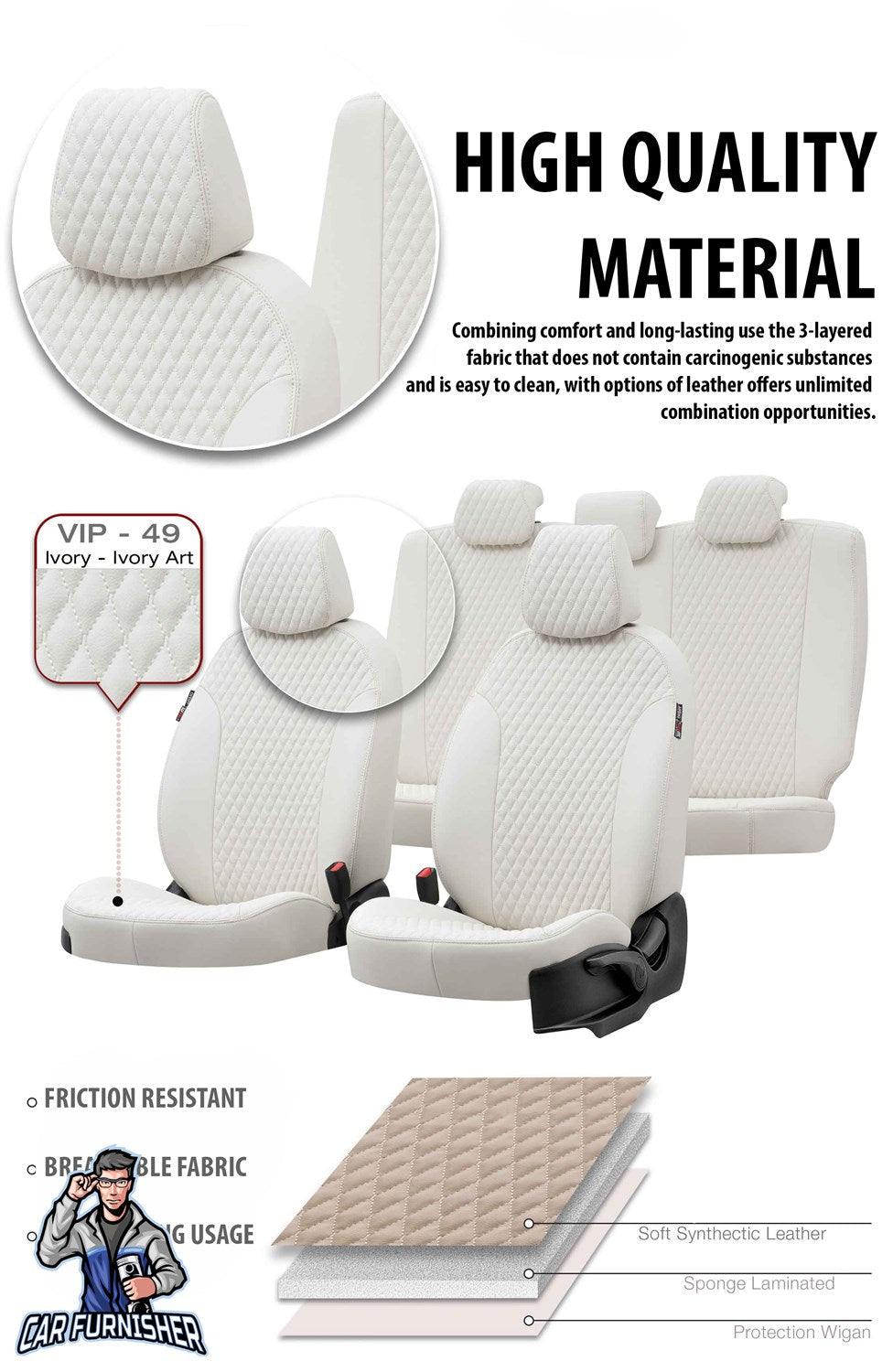 Man TGS Seat Cover Amsterdam Leather Design Ivory Front Seats (2 Seats + Handrest + Headrests) Leather