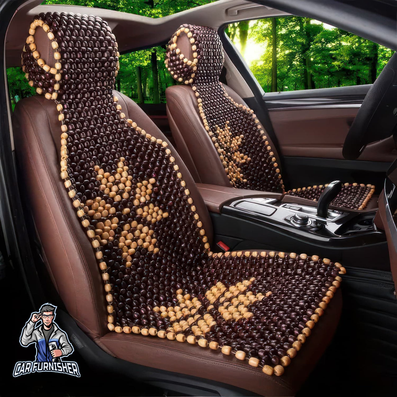 Real Wood Beaded Car Seat Cover Brown-2 Wood