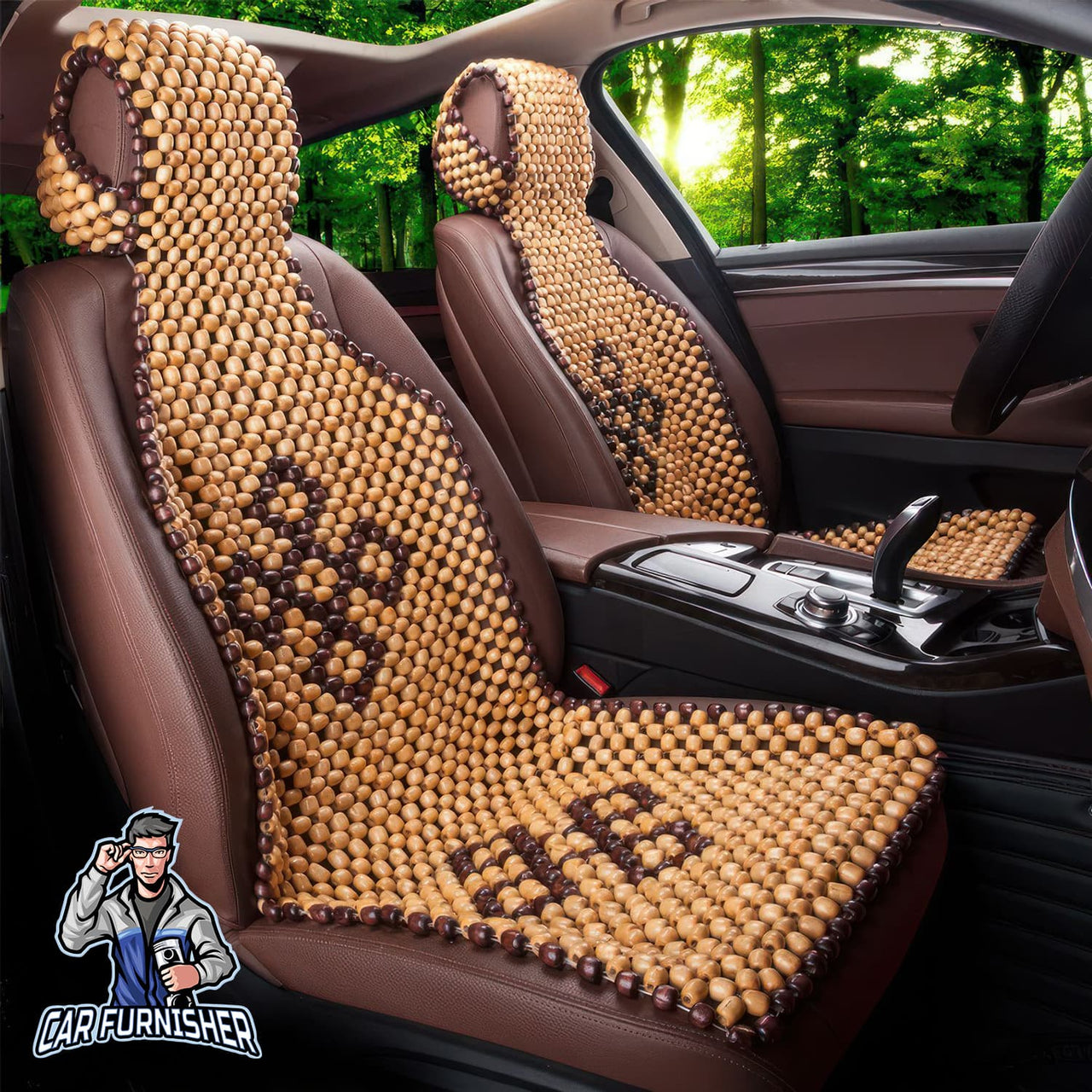 Real Wood Beaded Car Seat Cover Beige Wood