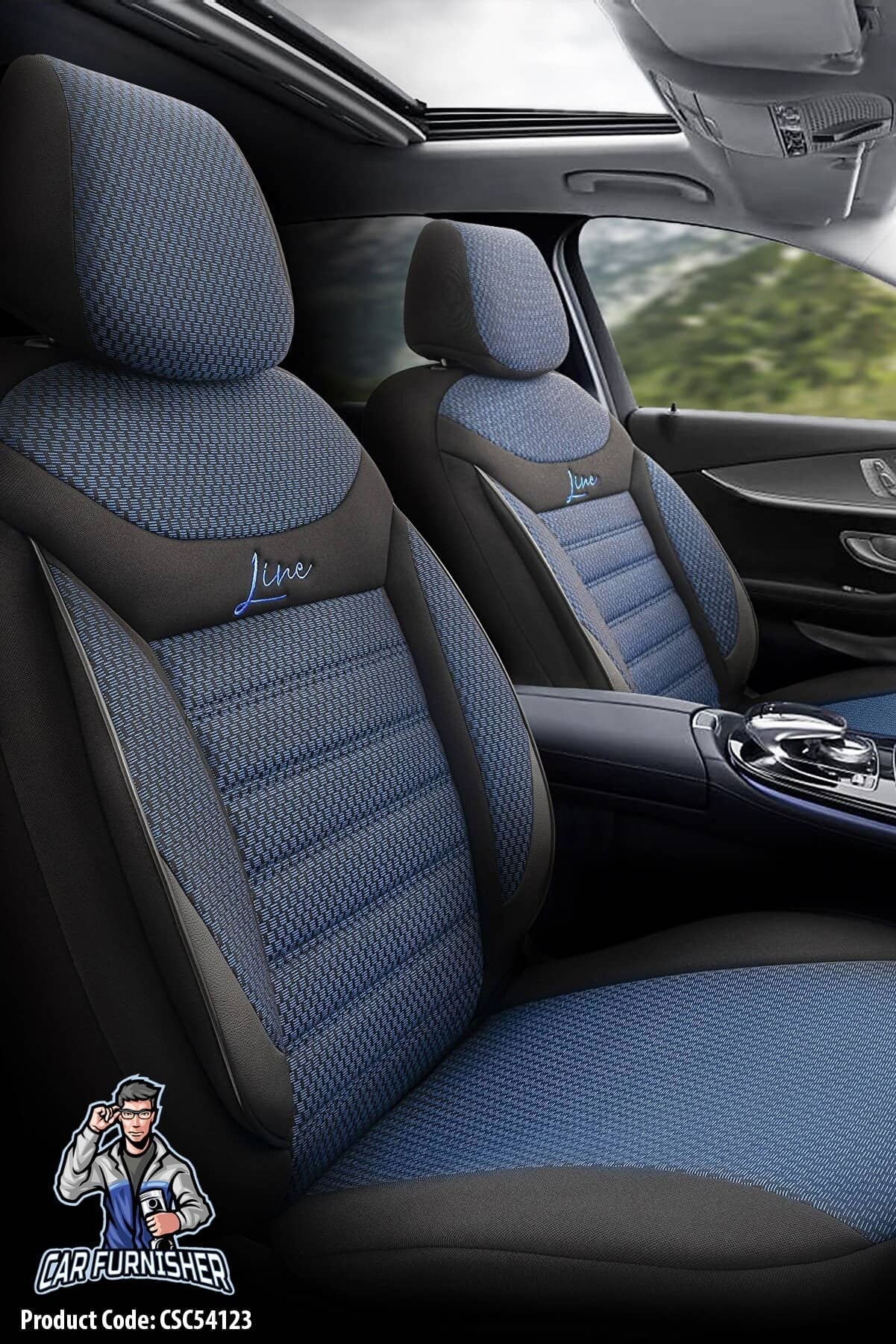 Audi A7 Seat Covers Line Design Blue 5 Seats + Headrests (Full Set) Leather & Cotton Fabric