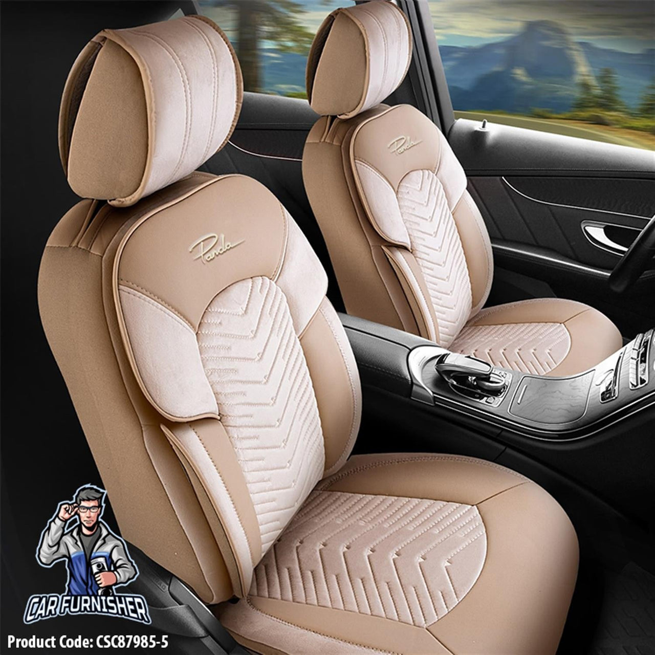 Skoda Superb Seat Covers Dubai Design Beige 5 Seats + Headrests (Full Set) Leather & Velvet Fabric