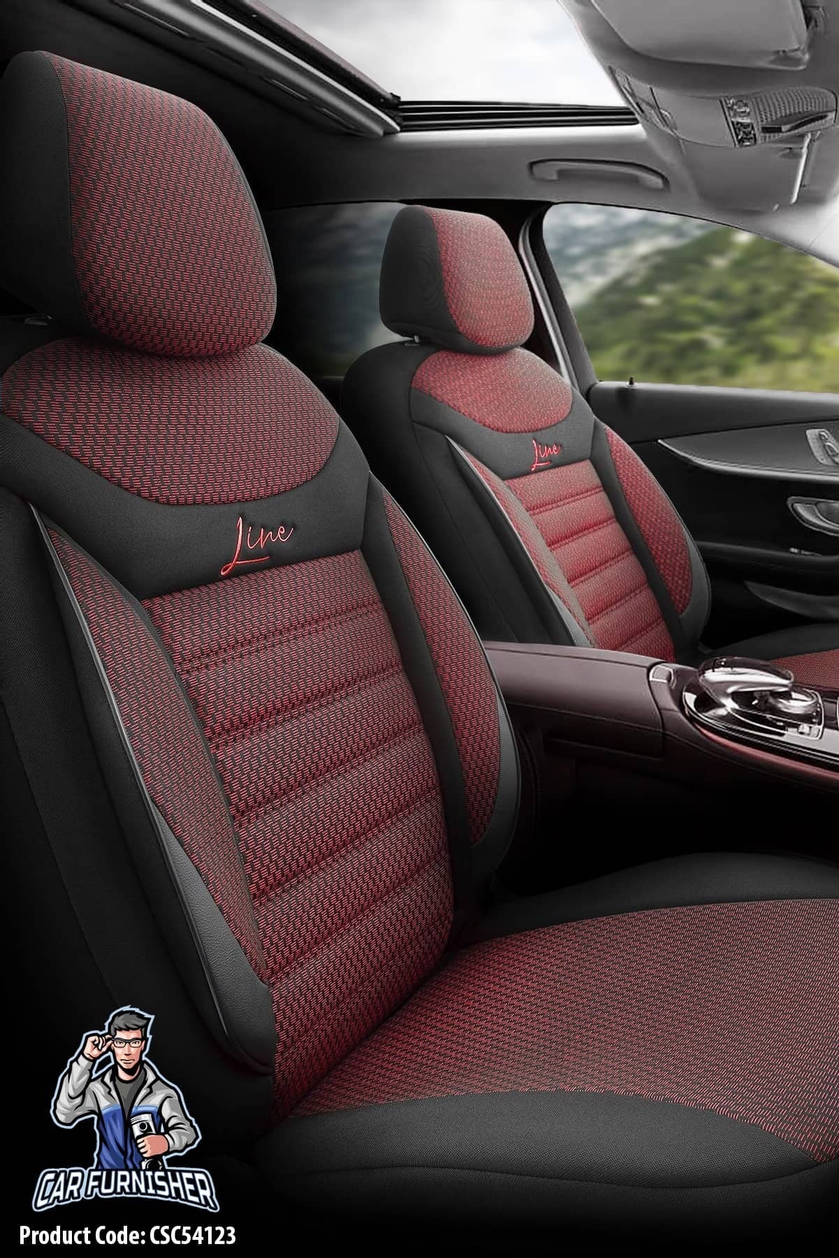 Audi A7 Seat Covers Line Design Red 5 Seats + Headrests (Full Set) Leather & Cotton Fabric