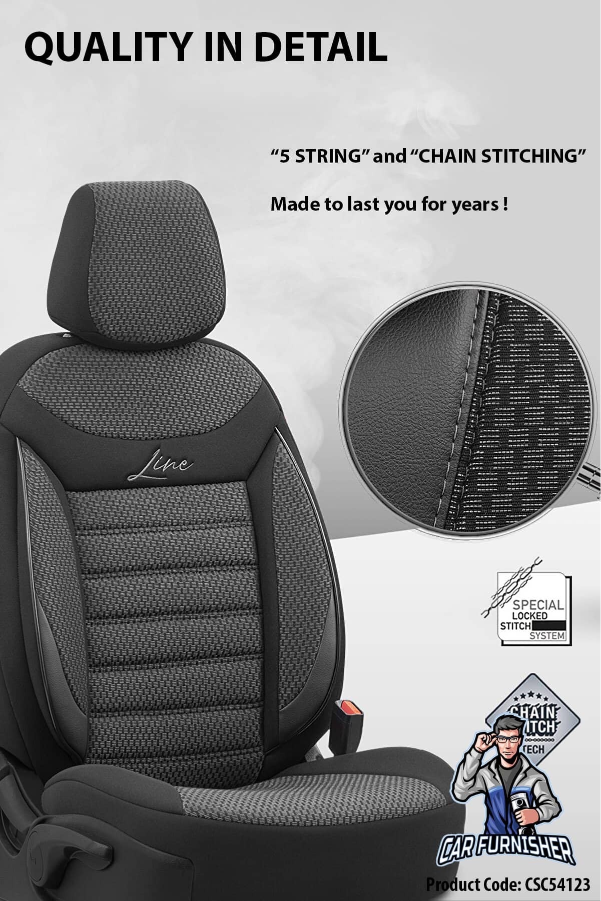 Mercedes 190 Seat Covers Line Design Gray 5 Seats + Headrests (Full Set) Leather & Cotton Fabric