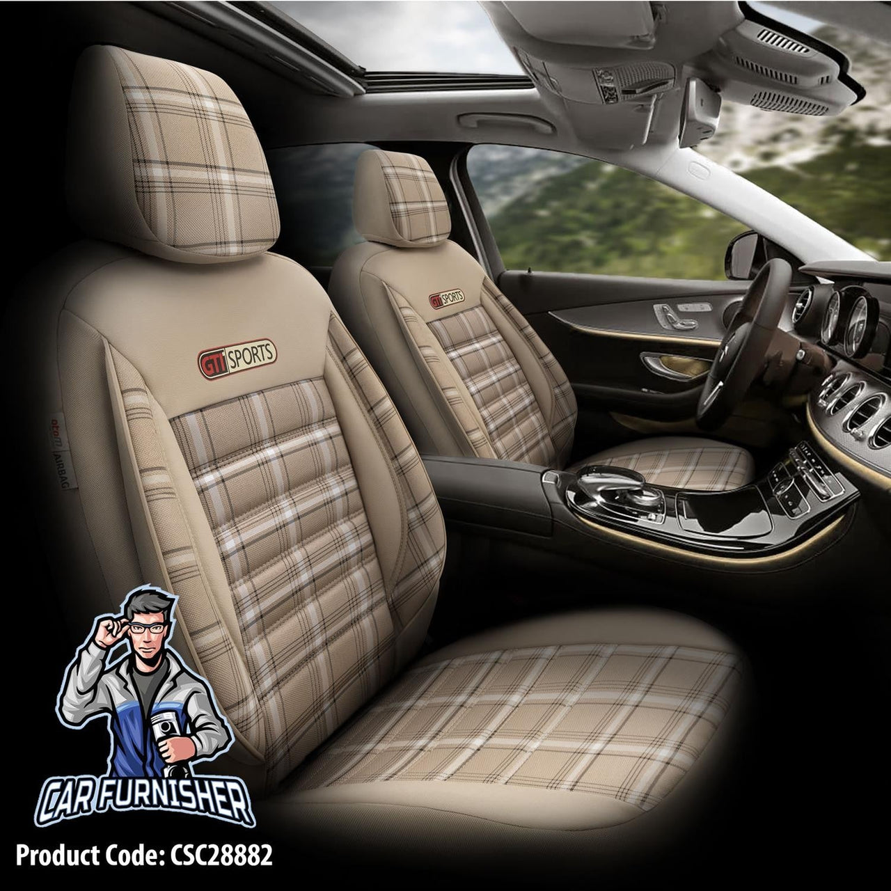 Audi Q3 Seat Covers GTI Sports Design Beige 5 Seats + Headrests (Full Set) Leather & Jacquard Fabric