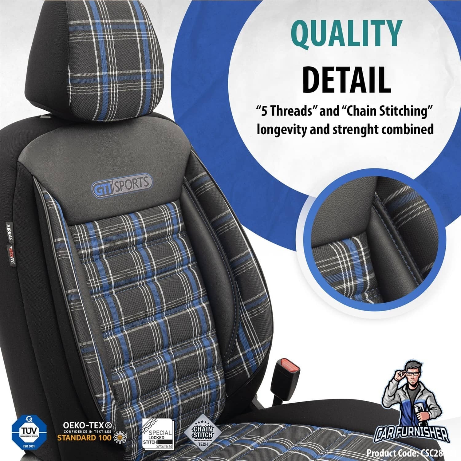 VW Polo GTI Car Seat Covers MK3/MK4/MK5/MK6 1995-2024 Special Series Blue 5 Seats + Headrests (Full Set) Leather & Fabric