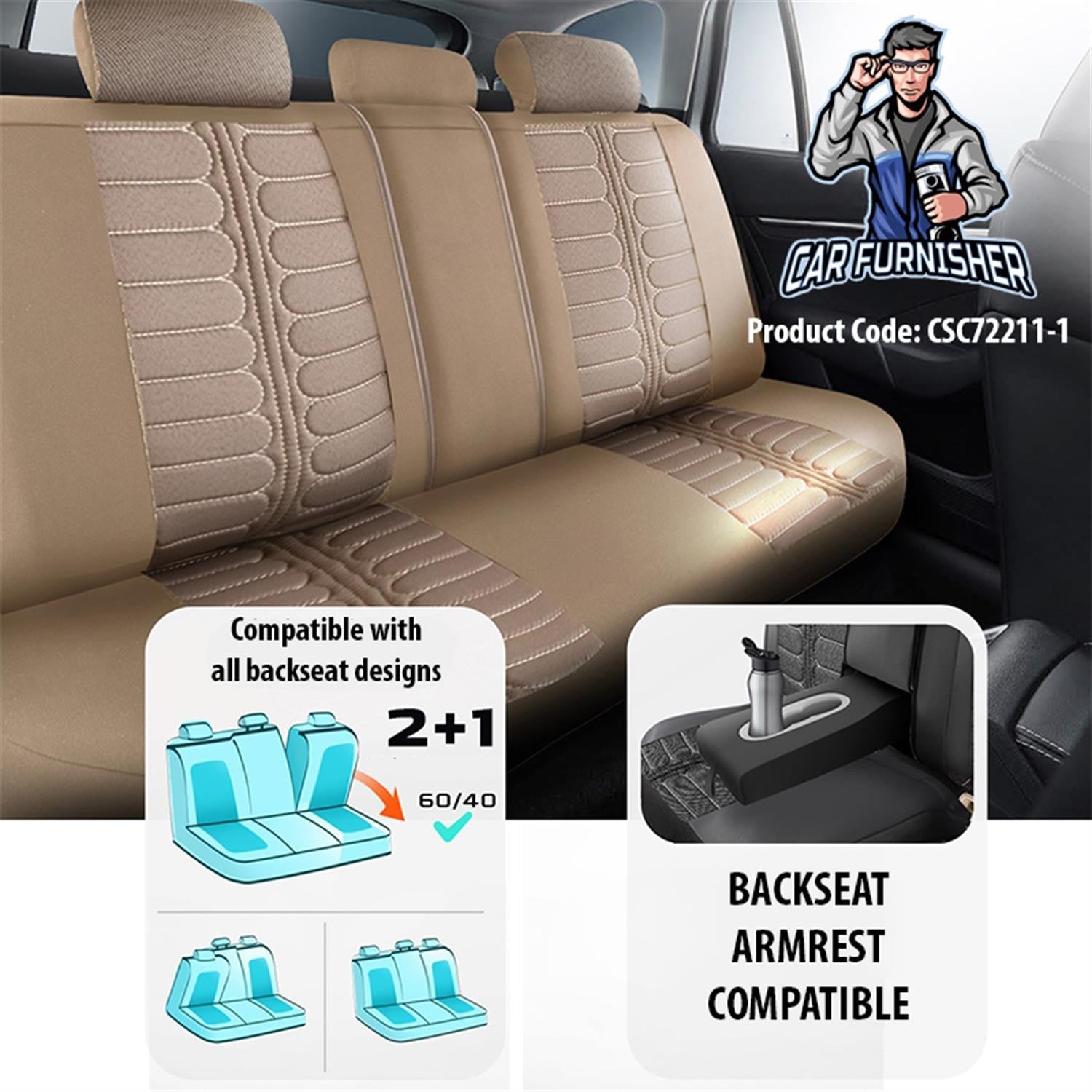Mercedes 190 Seat Covers London Design Beige 5 Seats + Headrests (Full Set) Leather & Jacquard Fabric