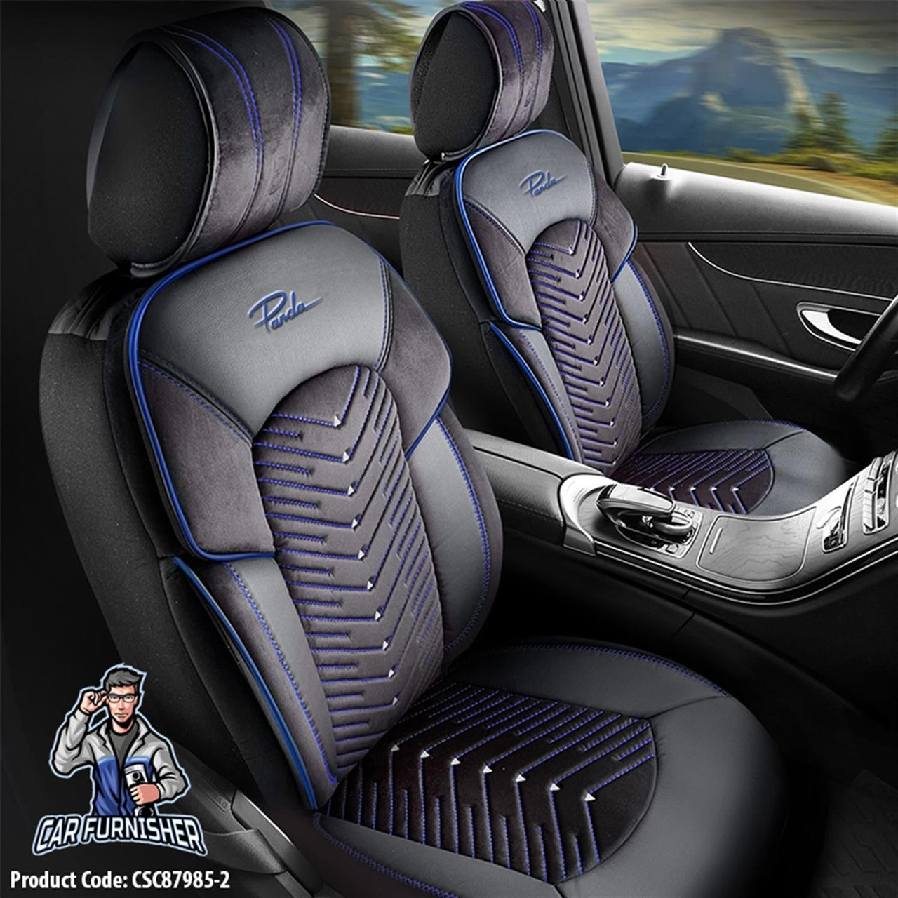 Mercedes 190 Seat Covers Dubai Design Blue 5 Seats + Headrests (Full Set) Leather & Velvet Fabric