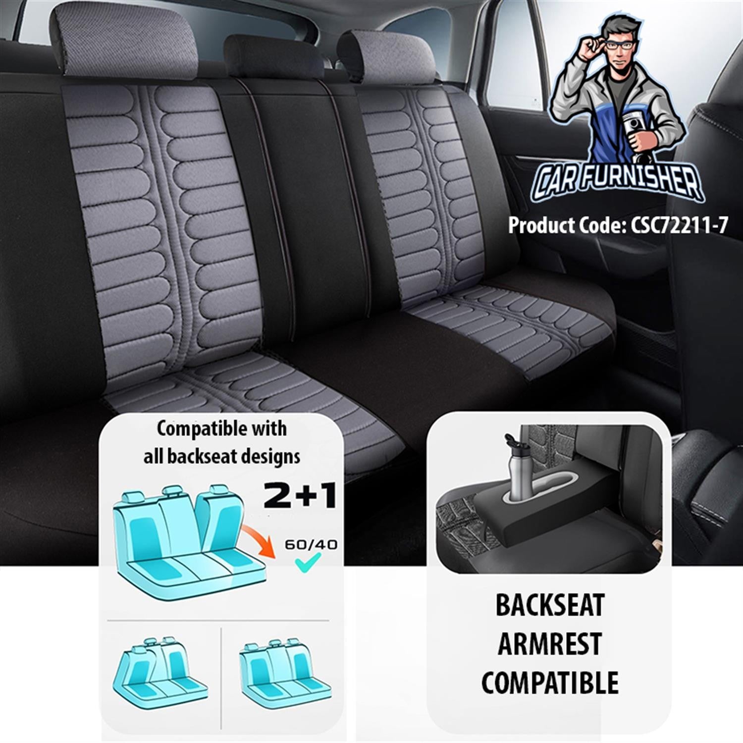 Mercedes 190 Seat Covers London Design Silver 5 Seats + Headrests (Full Set) Leather & Jacquard Fabric