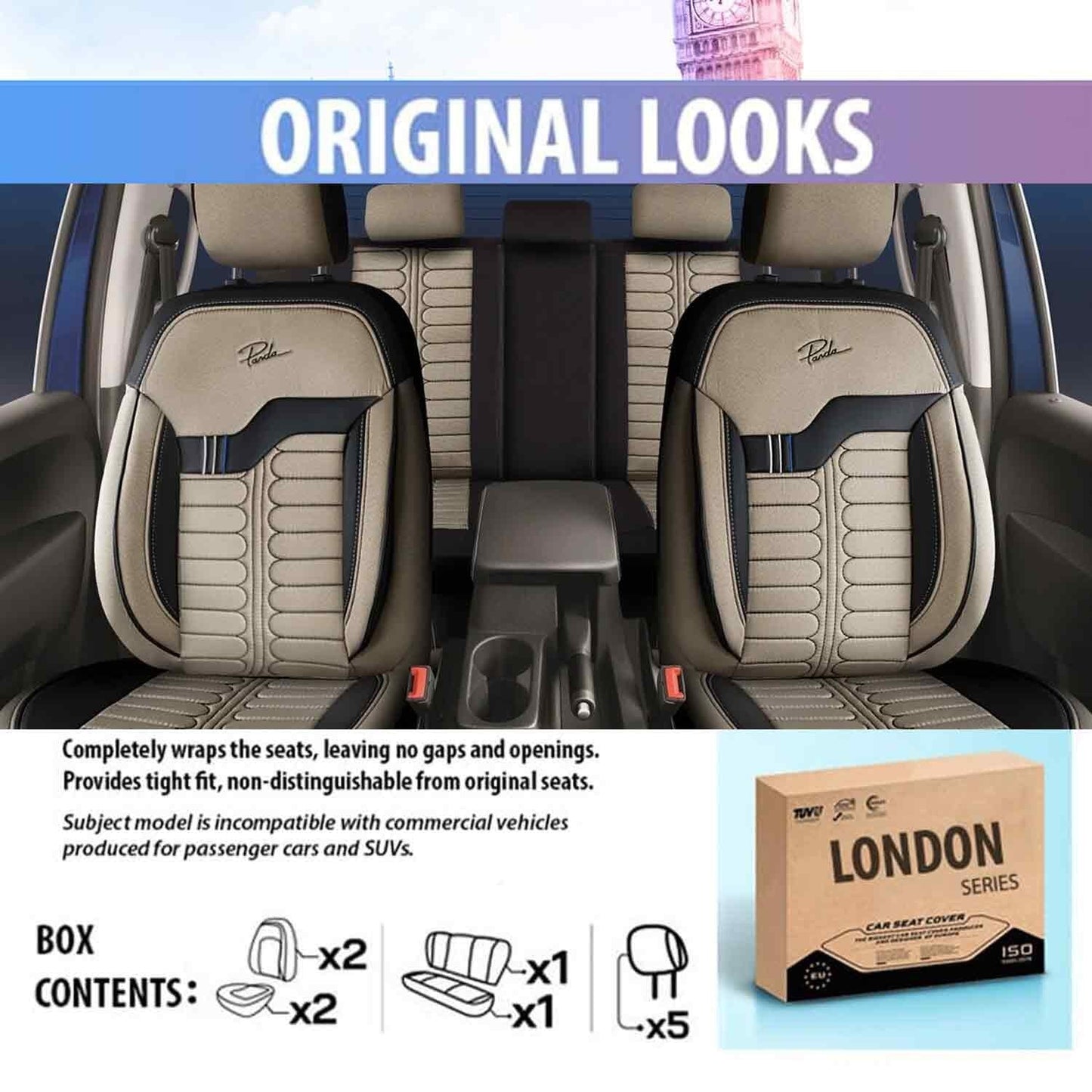 Mercedes 190 Seat Covers London Design Dark Beige 5 Seats + Headrests (Full Set) Leather & Jacquard Fabric