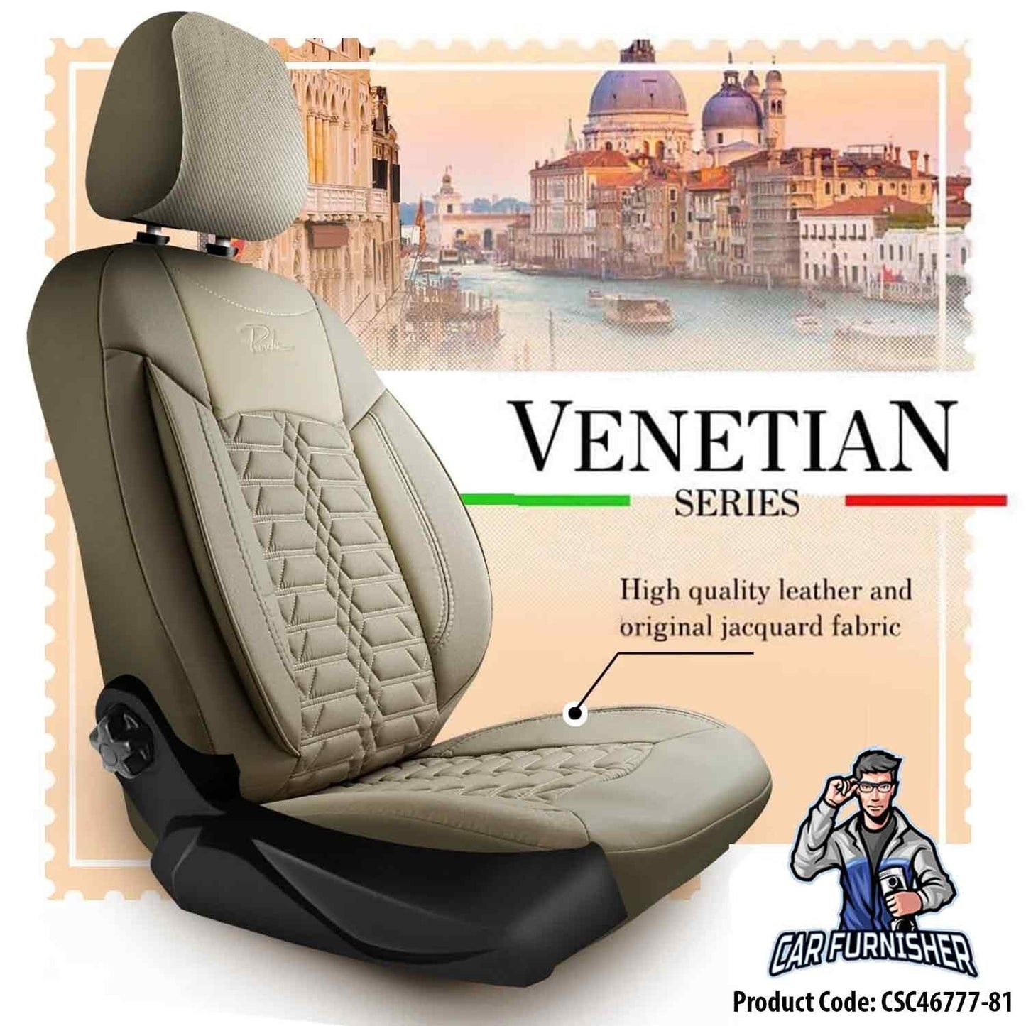 Mercedes 190 Seat Covers Venetian Design Beige 5 Seats + Headrests (Full Set) Leather & Jacquard Fabric