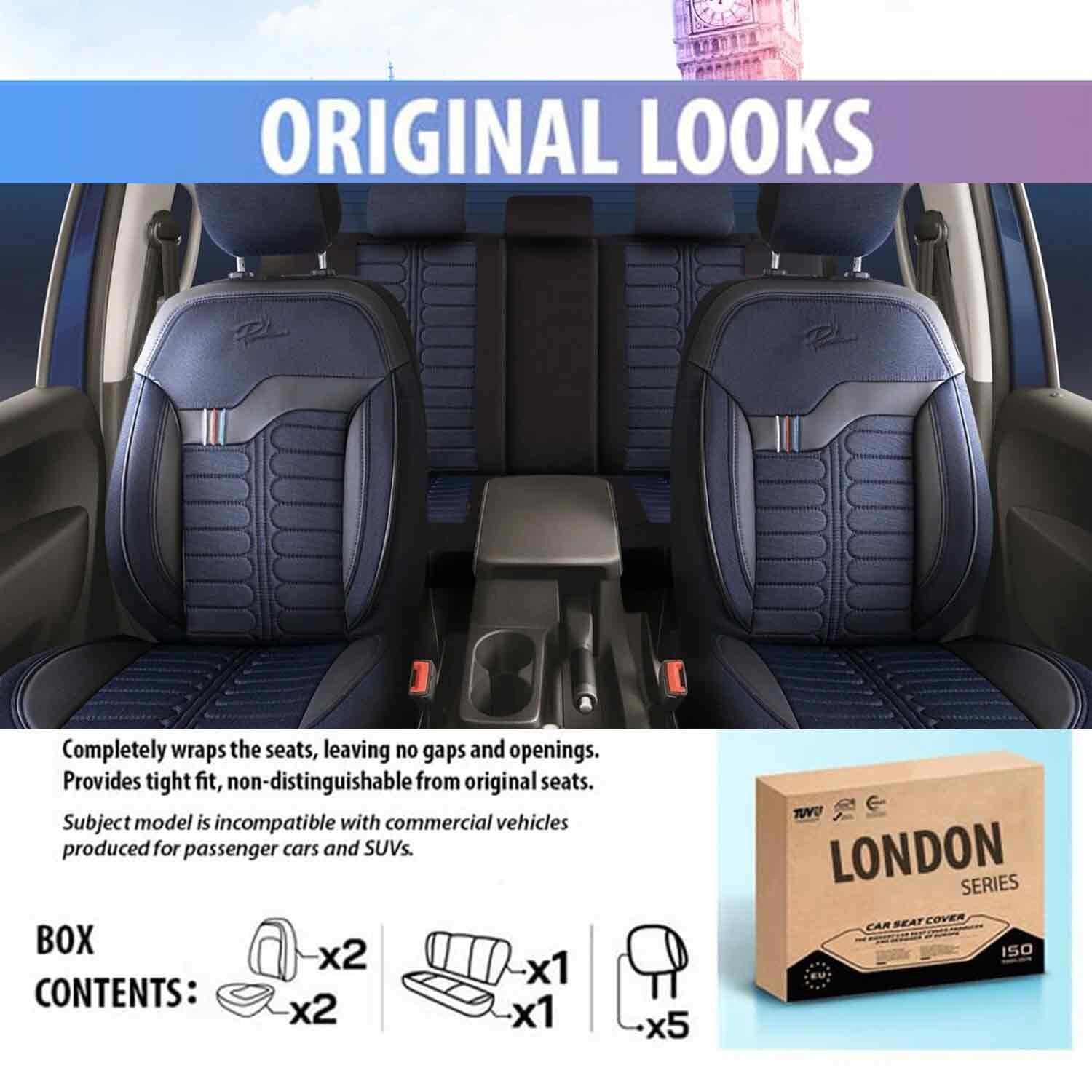 Mercedes 190 Seat Covers London Design Blue 5 Seats + Headrests (Full Set) Leather & Jacquard Fabric