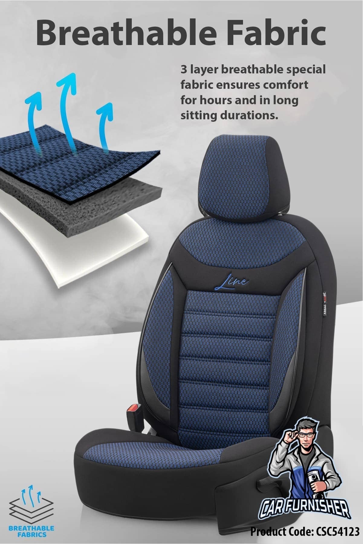 Mercedes 190 Seat Covers Line Design Blue 5 Seats + Headrests (Full Set) Leather & Cotton Fabric