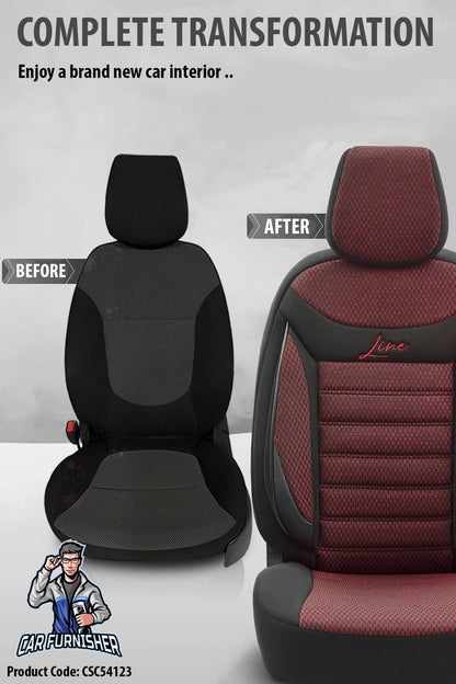 Mercedes 190 Seat Covers Line Design Red 5 Seats + Headrests (Full Set) Leather & Cotton Fabric