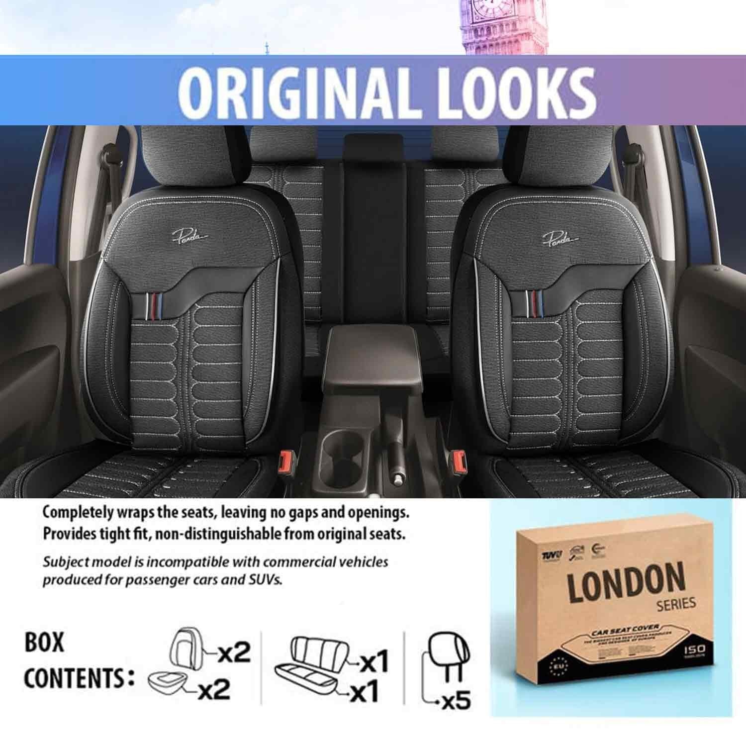Mercedes 190 Seat Covers London Design Black 5 Seats + Headrests (Full Set) Leather & Jacquard Fabric