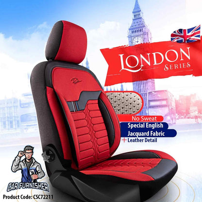 Mercedes 190 Seat Covers London Design Red 5 Seats + Headrests (Full Set) Leather & Jacquard Fabric
