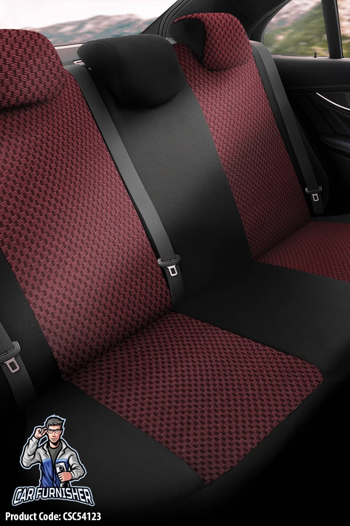 Mercedes 190 Seat Covers Line Design Red 5 Seats + Headrests (Full Set) Leather & Cotton Fabric