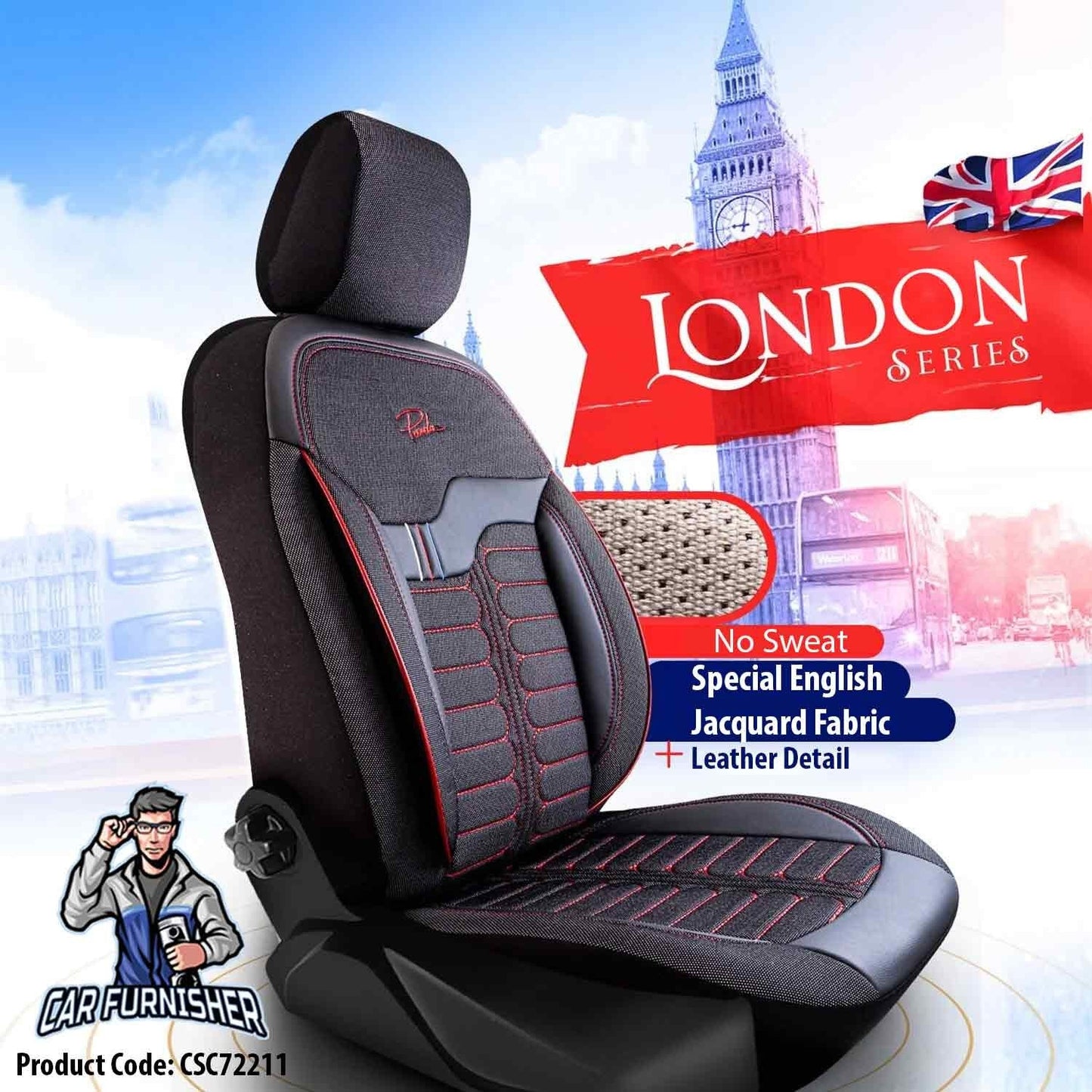 Mercedes 190 Seat Covers London Design Dark Red 5 Seats + Headrests (Full Set) Leather & Jacquard Fabric