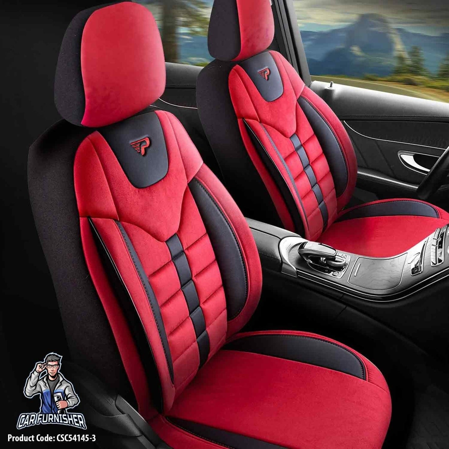 Mercedes 190 Seat Covers Toronto Design Red 5 Seats + Headrests (Full Set) Leather & Suede Fabric