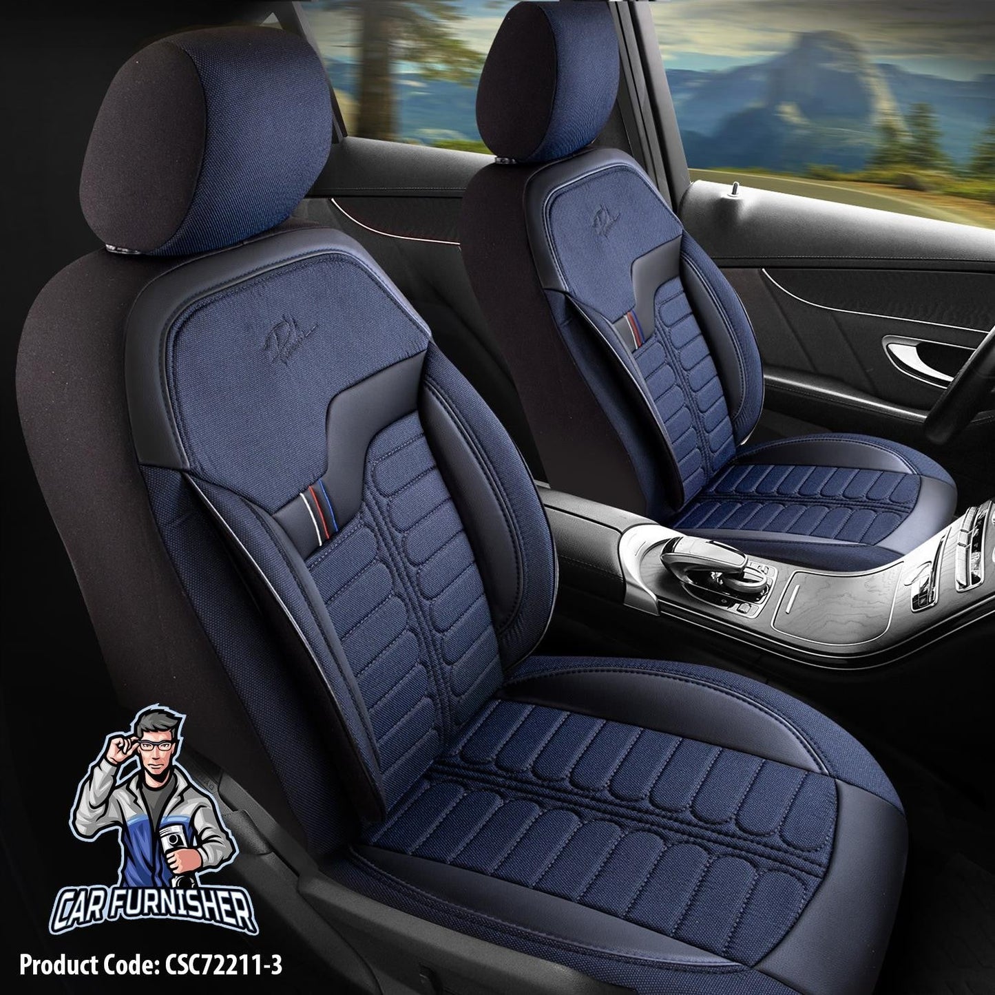 Mercedes 190 Seat Covers London Design Blue 5 Seats + Headrests (Full Set) Leather & Jacquard Fabric