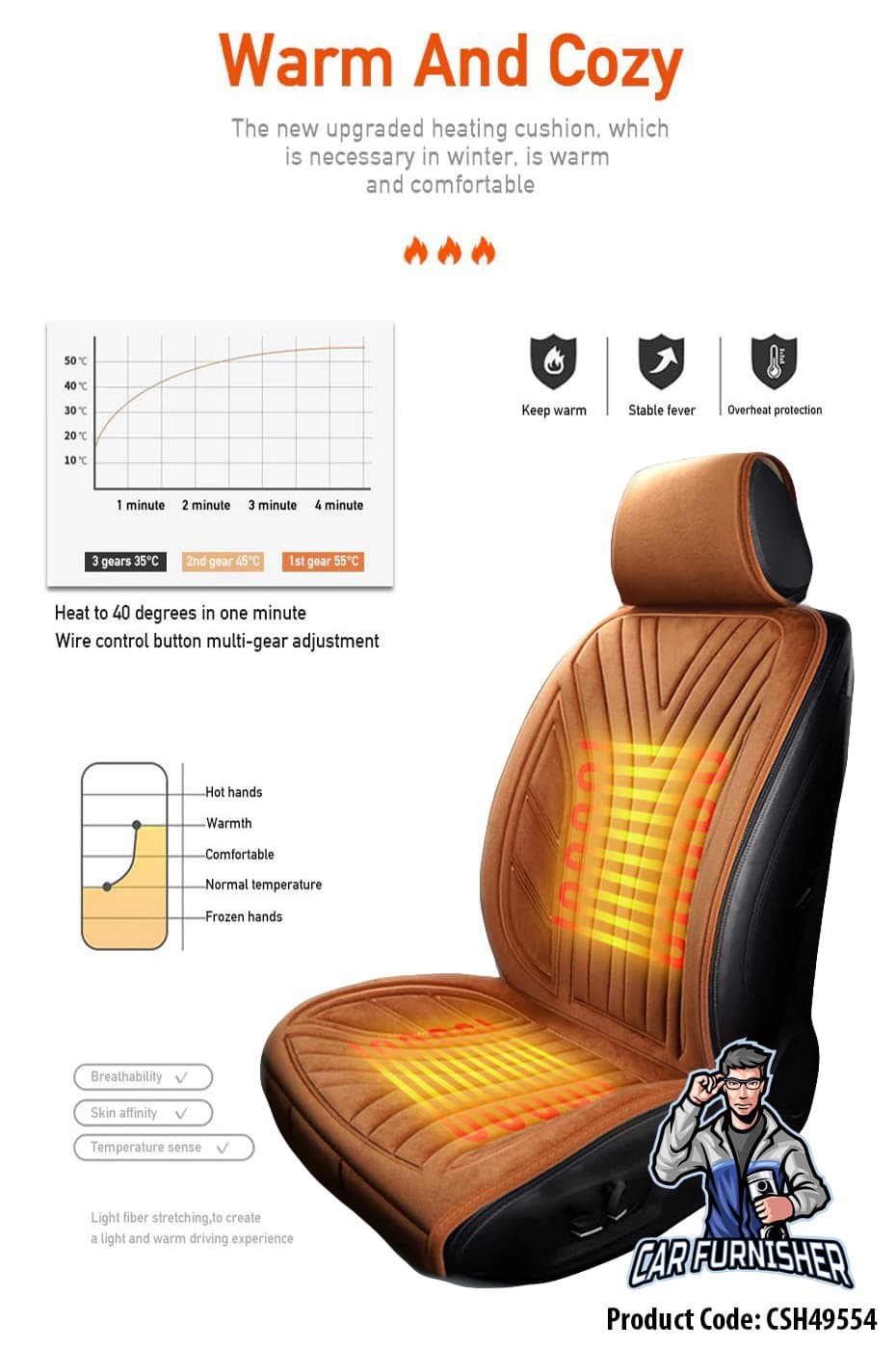 Car Seat Heater Car Seat Cover (2 Colors) Set Front & Back Seats Brown 1x Front Piece Fabric