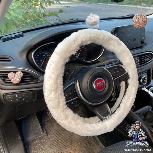 Fluffy Steering Wheel Cover (5 Color) | Plush White Fabric