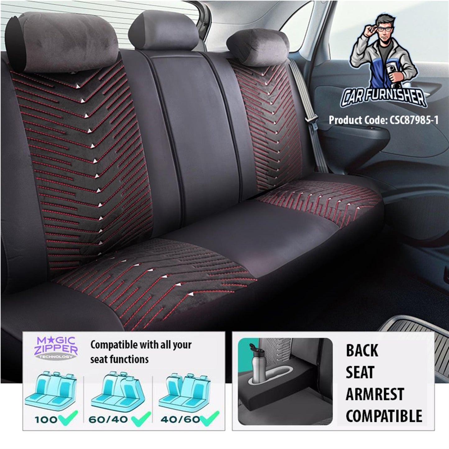 Luxury Car Seat Cover Set (7 Colors) | Dubai Series Red Leather & Fabric