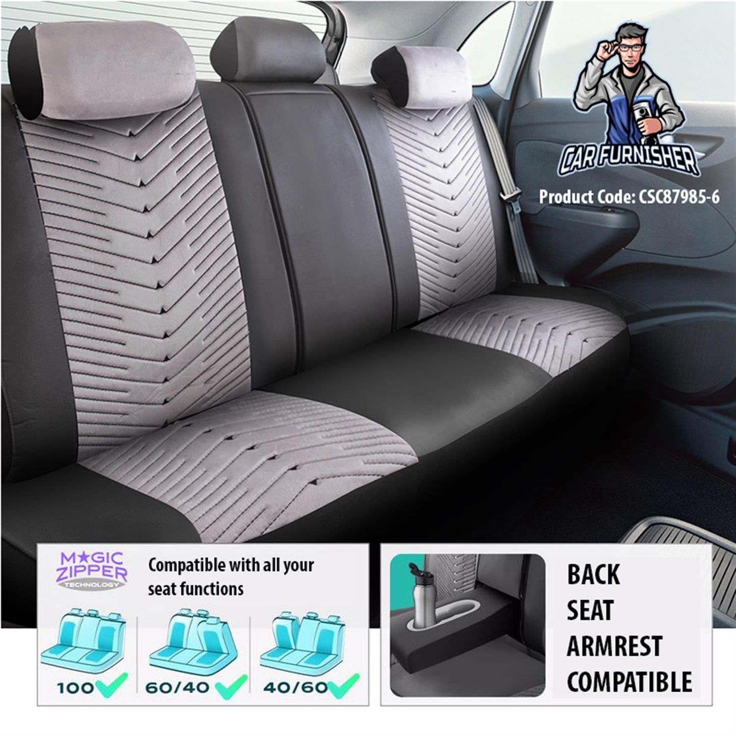 Car Seat Cover Set - Dubai Design Silver 5 Seats + Headrests (Full Set) Leather & Velvet Fabric