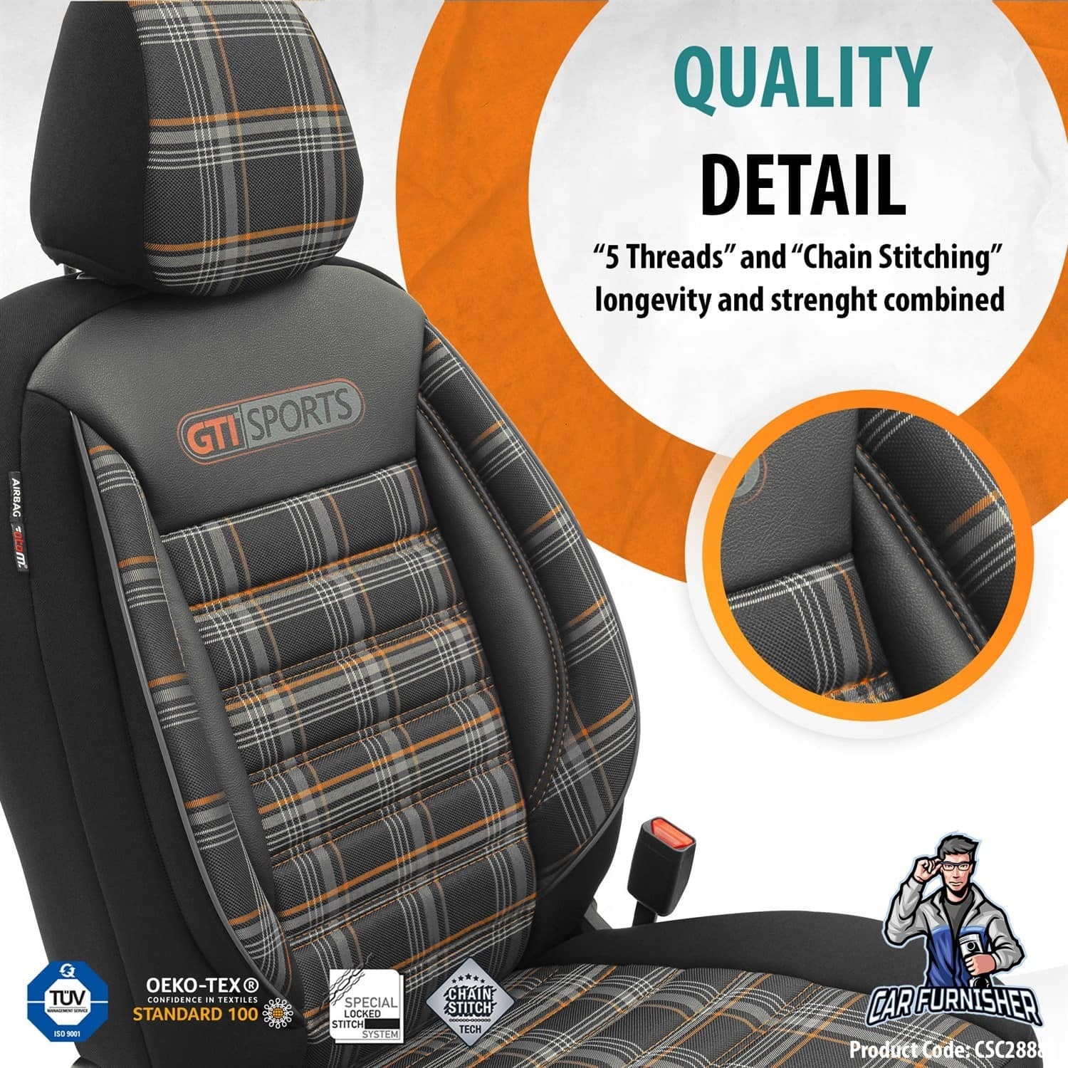 Luxury Car Seat Cover Set (8 Colors) | Sports Series Orange Leather & Fabric
