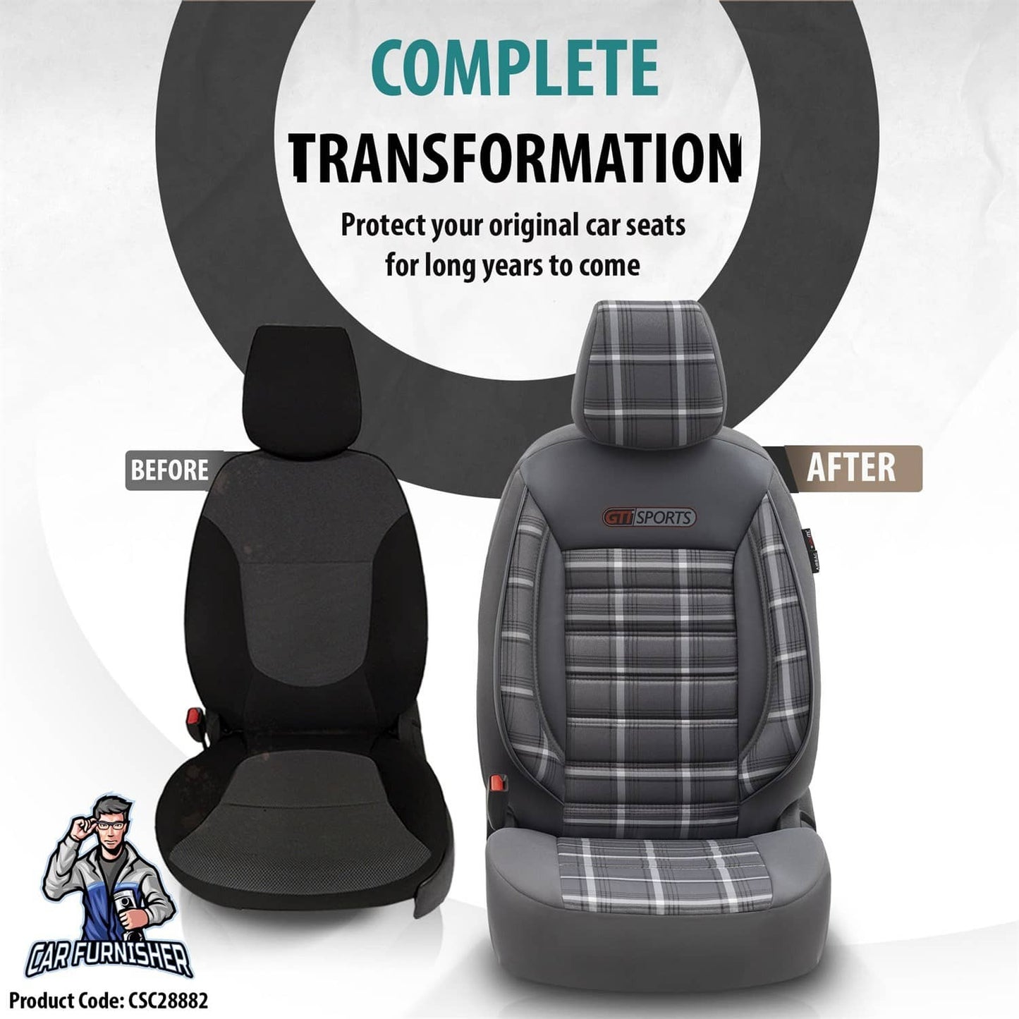 Car Seat Cover Set - Sports Design Gray 5 Seats + Headrests (Full Set) Leather & Jacquard Fabric