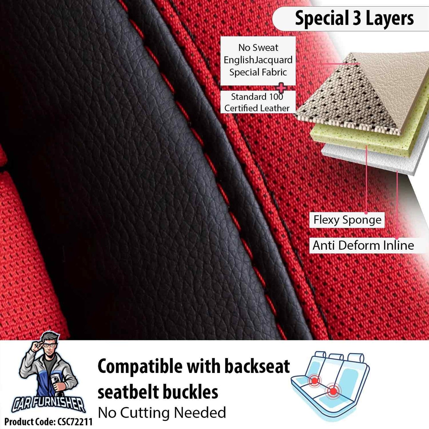 Car Seat Cover Set - London Design Red 5 Seats + Headrests (Full Set) Leather & Jacquard Fabric