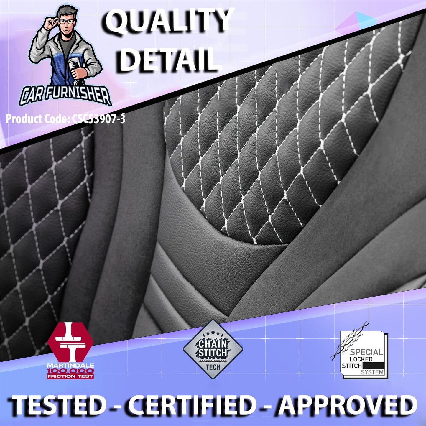 Car Seat Cover Set - Infinity Design Gray 5 Seats + Headrests (Full Set) Leather & Suede Fabric