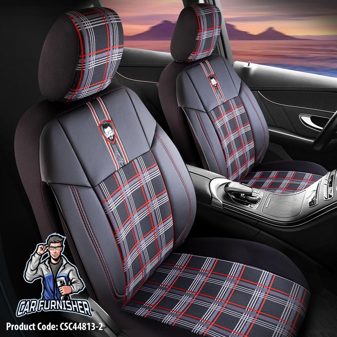 Car Seat Cover Set - Cesme Design Red 5 Seats + Headrests (Full Set) Leather & Plaid Fabric