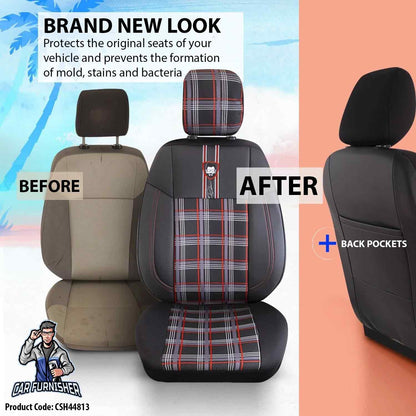 Car Seat Cover Set - Cesme Design Red 5 Seats + Headrests (Full Set) Leather & Plaid Fabric