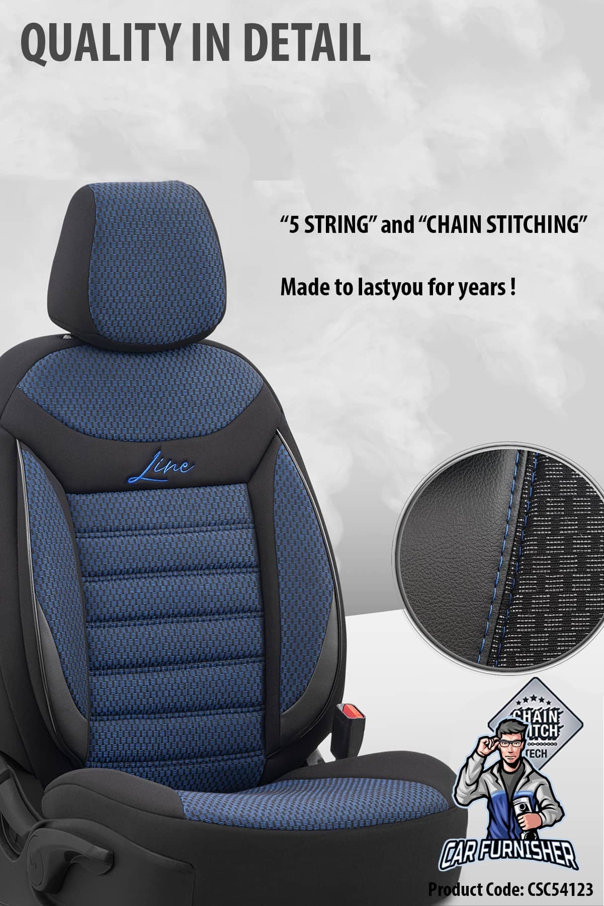 Car Seat Cover Set - Line Design Blue 5 Seats + Headrests (Full Set) Leather & Cotton Fabric
