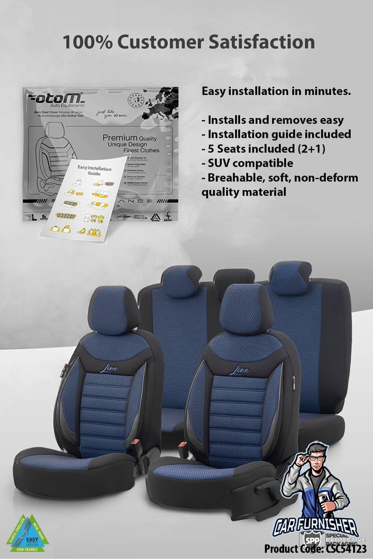 Luxury Car Seat Cover Set (3 Colors) | Line Series Blue Leather & Fabric