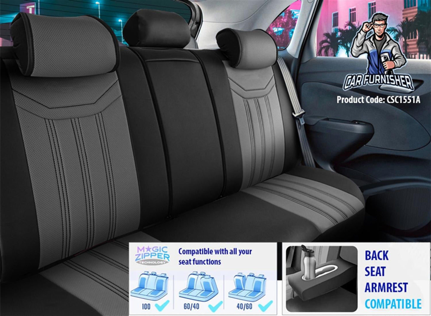 Car Seat Cover Set - Miami Design Smoked Black 5 Seats + Headrests (Full Set) Full Leather