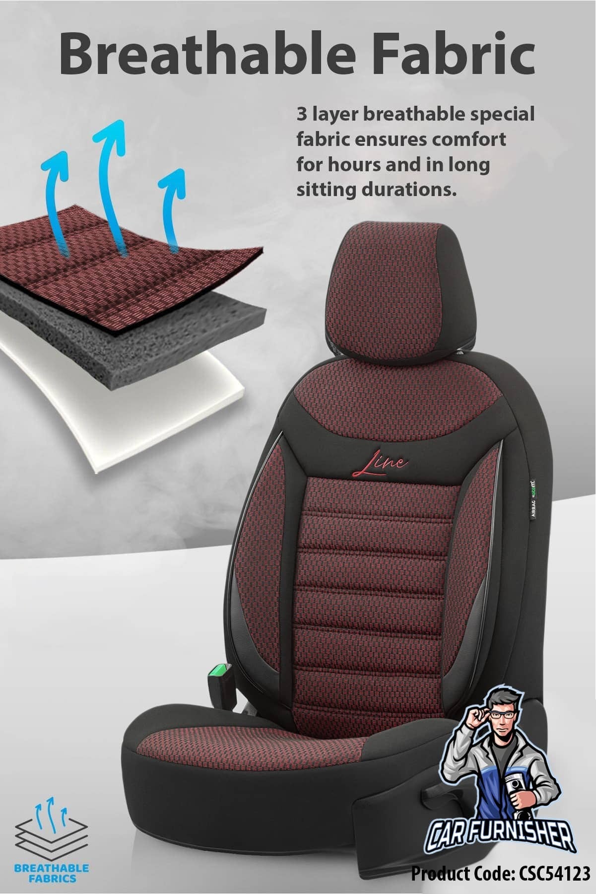 Car Seat Cover Set - Line Design Red 5 Seats + Headrests (Full Set) Leather & Cotton Fabric