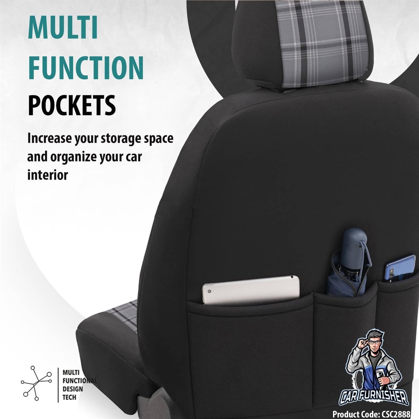 Car Seat Cover Set - Sports Design Silver 5 Seats + Headrests (Full Set) Leather & Jacquard Fabric