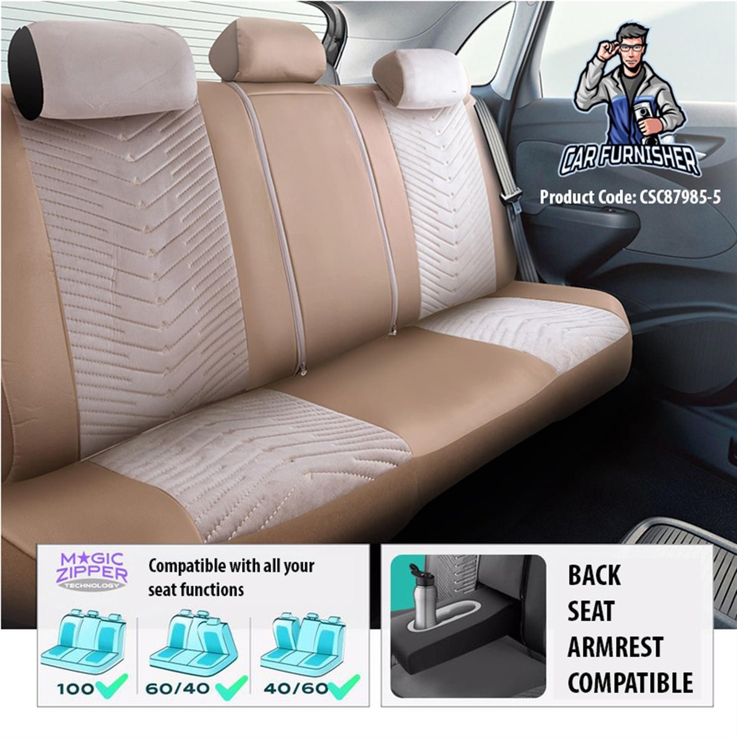Car Seat Cover Set - Dubai Design Beige 5 Seats + Headrests (Full Set) Leather & Velvet Fabric