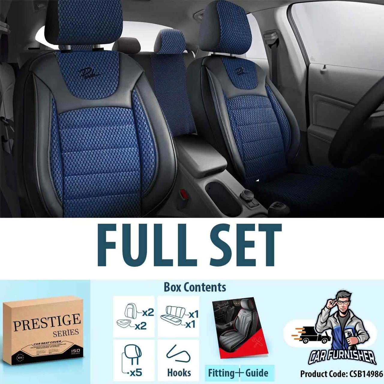 Car Seat Cover Set - Prestige Design Blue 5 Seats + Headrests (Full Set) Leather & Woven Fabric