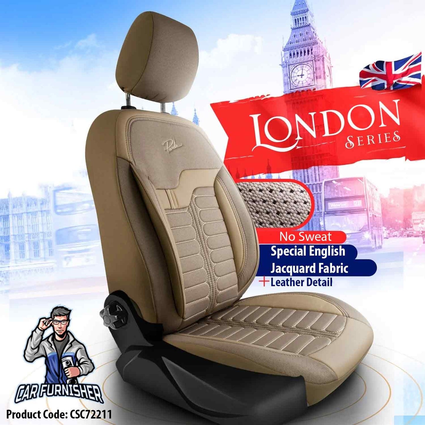Car Seat Cover Set - London Design Beige 5 Seats + Headrests (Full Set) Leather & Jacquard Fabric