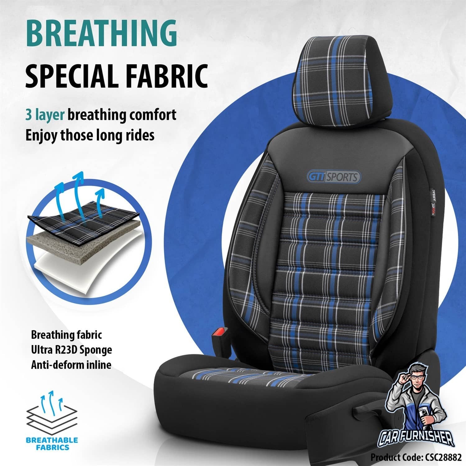 Luxury Car Seat Cover Set (8 Colors) | Sports Series Blue Leather & Fabric