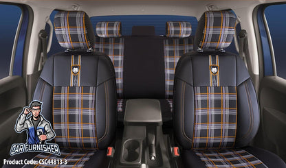 Car Seat Cover Set - Cesme Design Orange 5 Seats + Headrests (Full Set) Leather & Plaid Fabric