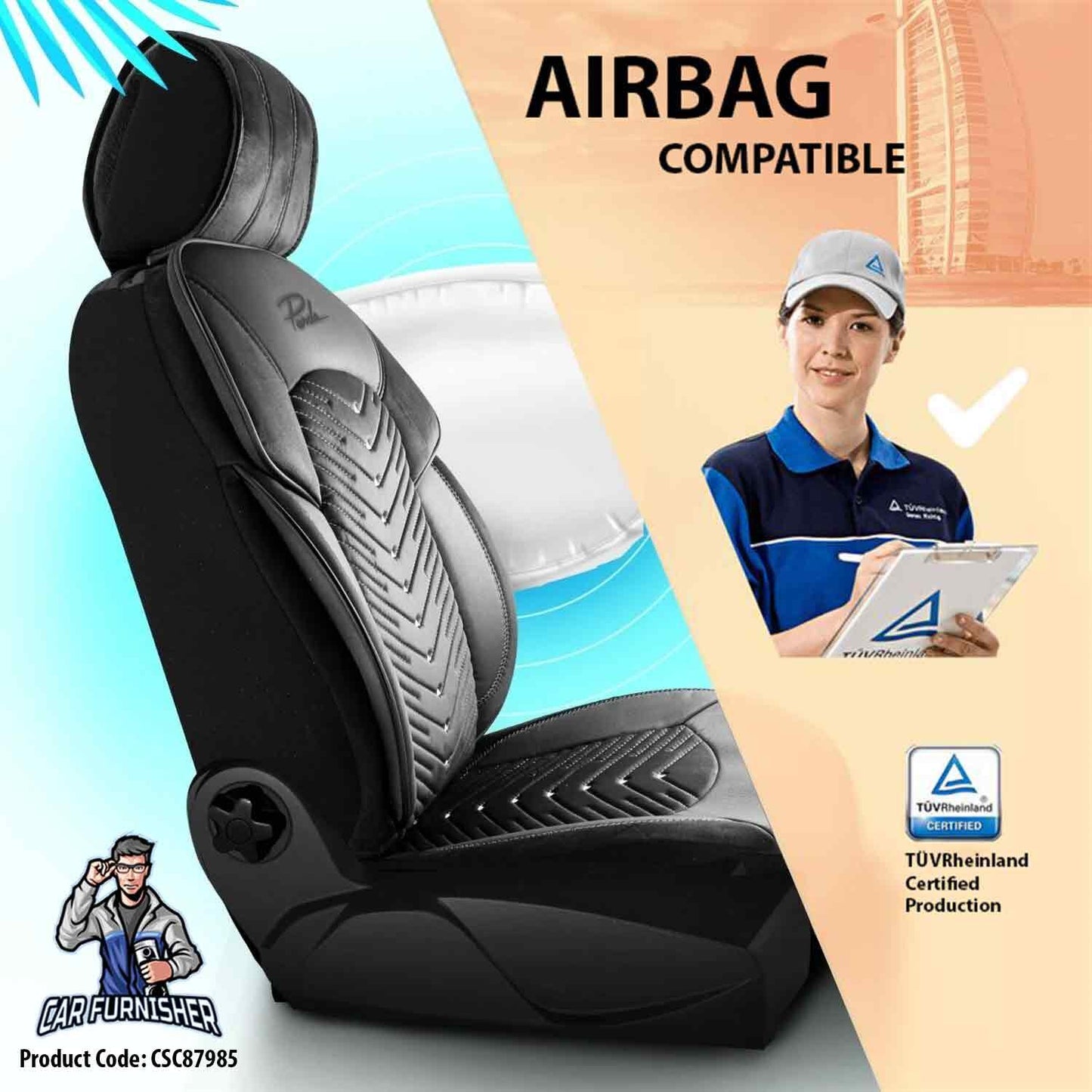 Car Seat Cover Set - Dubai Design Black 5 Seats + Headrests (Full Set) Leather & Velvet Fabric