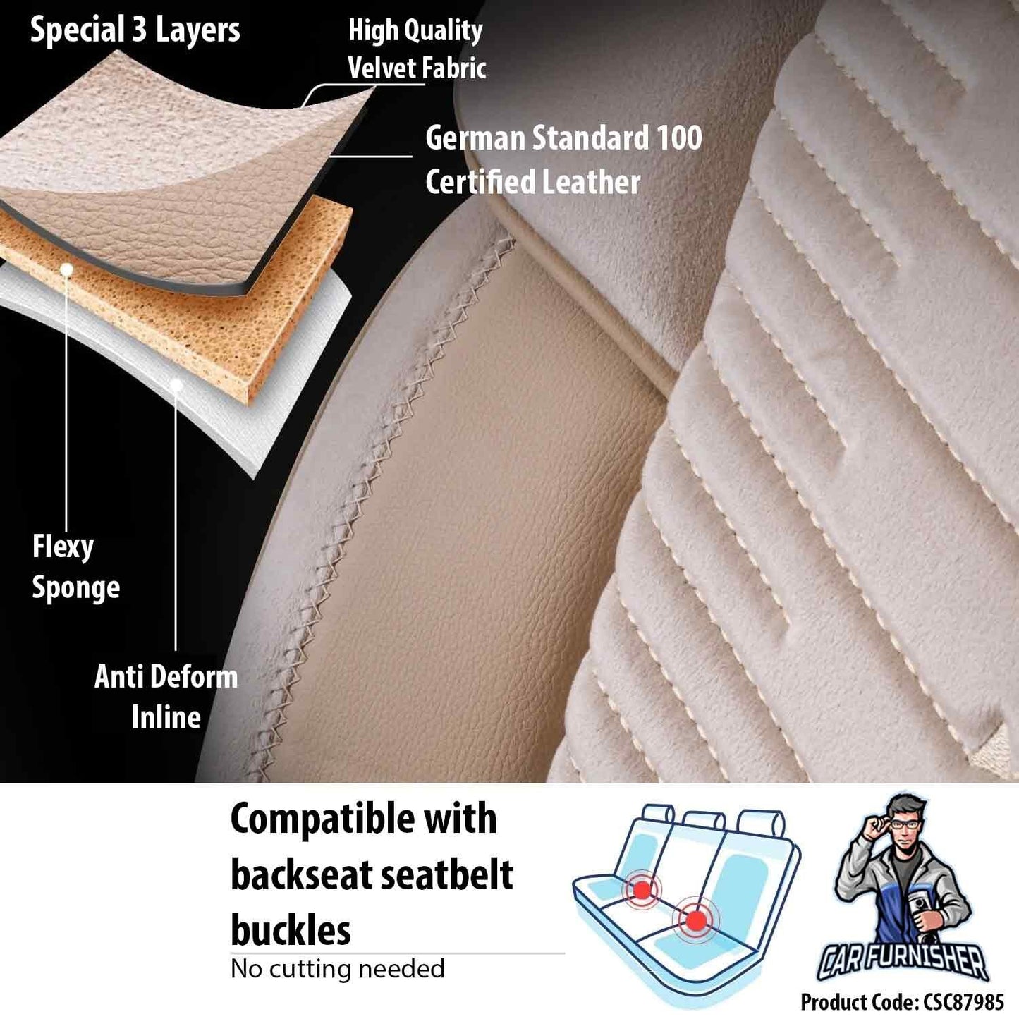 Car Seat Cover Set - Dubai Design Beige 5 Seats + Headrests (Full Set) Leather & Velvet Fabric