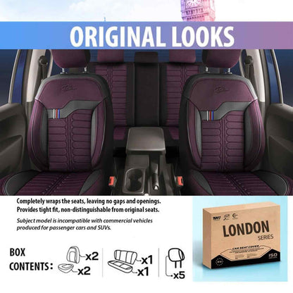 Car Seat Cover Set - London Design Burgundy 5 Seats + Headrests (Full Set) Leather & Jacquard Fabric