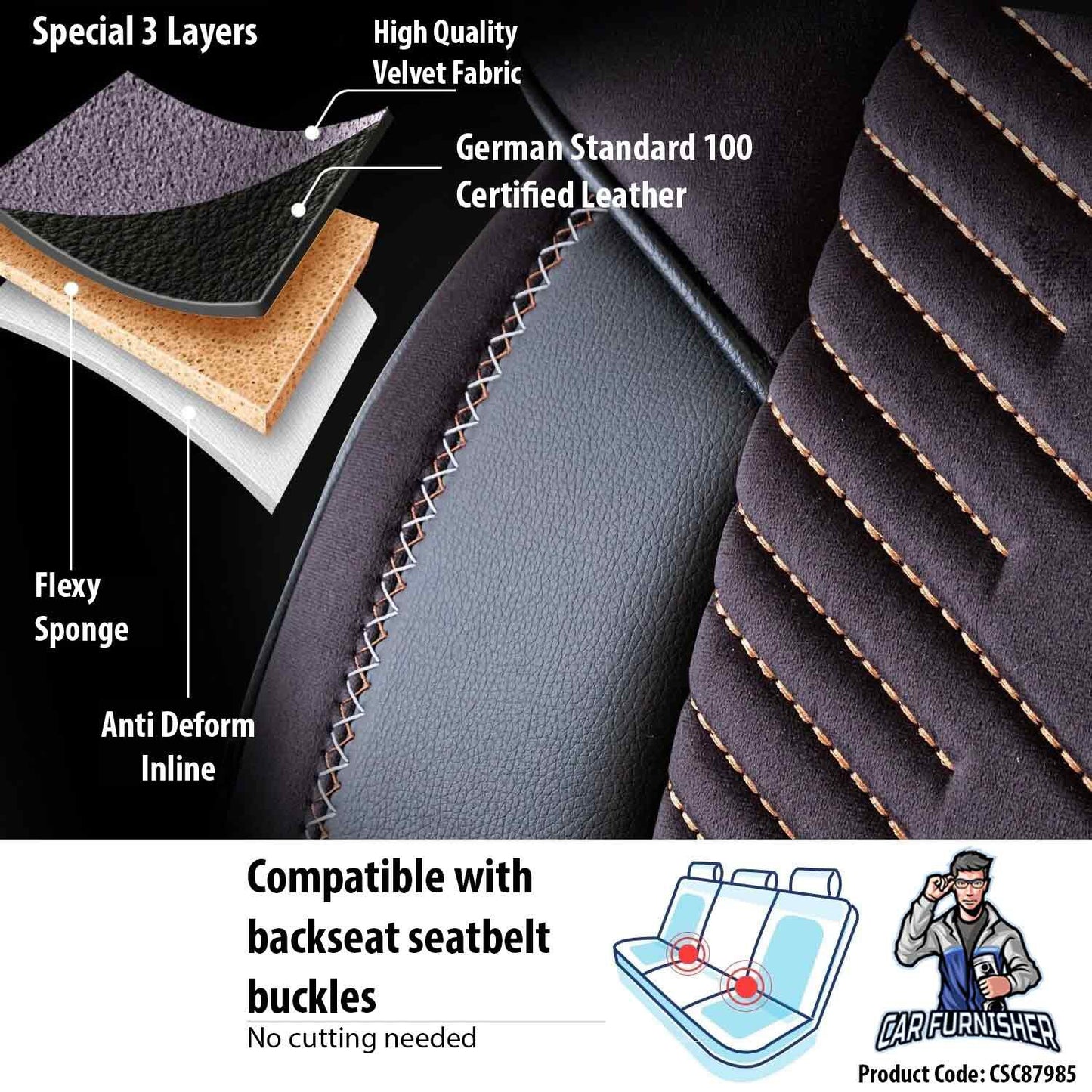 Car Seat Cover Set - Dubai Design Orange 5 Seats + Headrests (Full Set) Leather & Velvet Fabric
