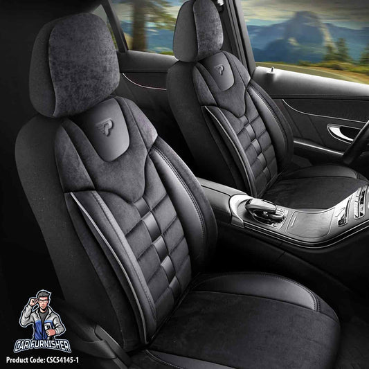 Car Seat Cover Set - Toronto Design Black 5 Seats + Headrests (Full Set) Leather & Suede Fabric